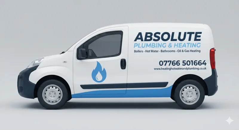 Absolute Plumbing & Heating van with the blue flame logo, phone number 07766 501664 and website on the side